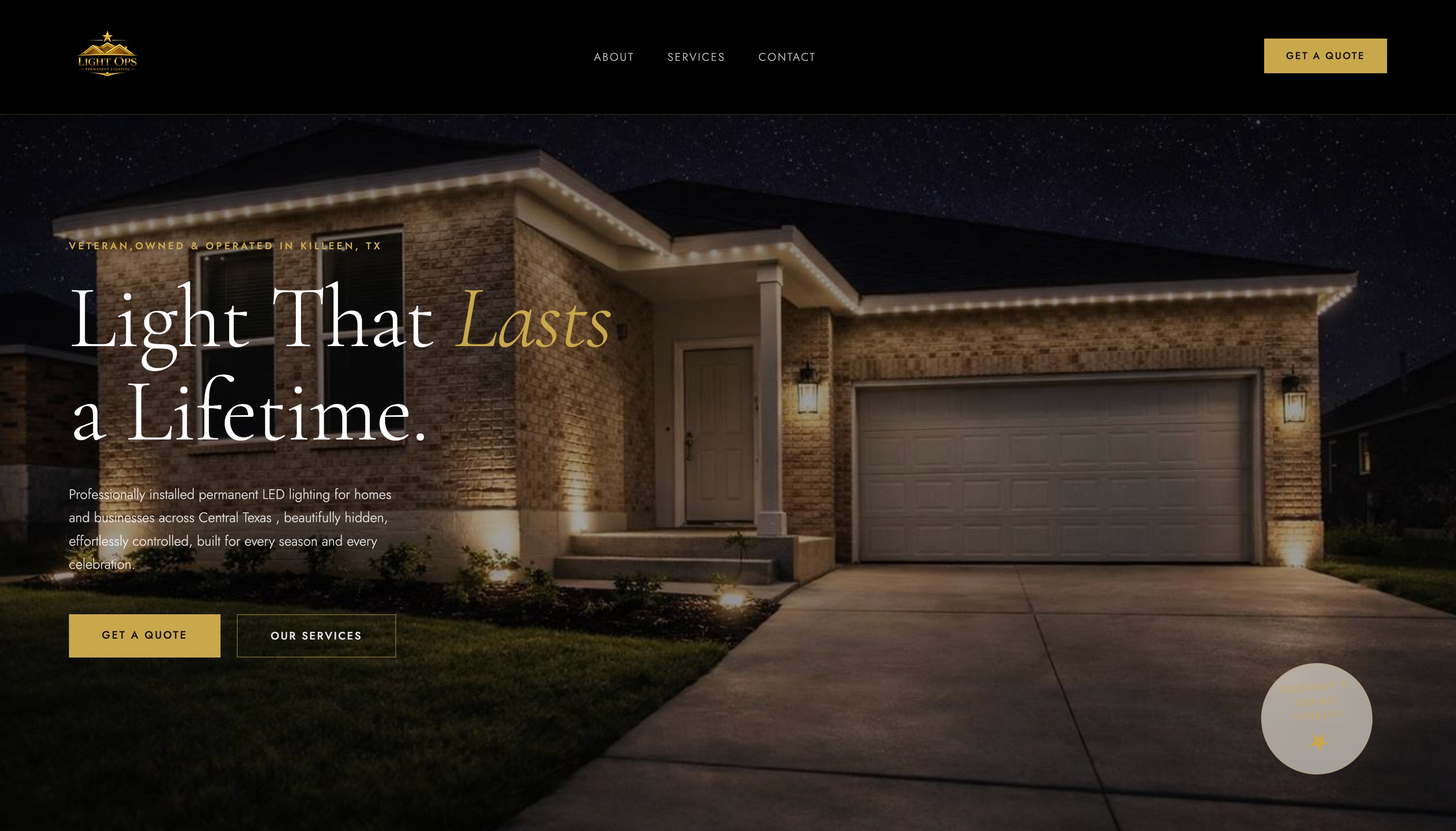 Light Ops website hero showing a home with permanent LED lighting installed